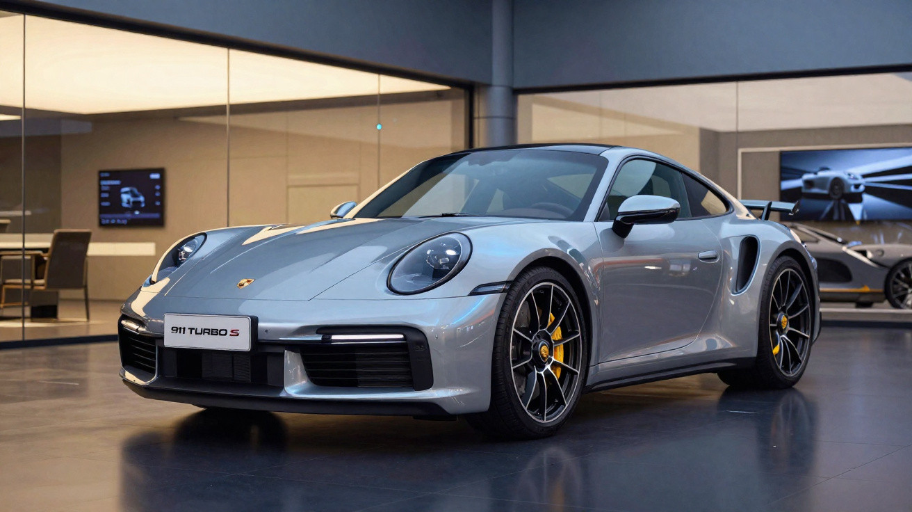 Carro desportivo Porsche 911 Turbo S cinza exposto em espaço interior moderno e iluminado.