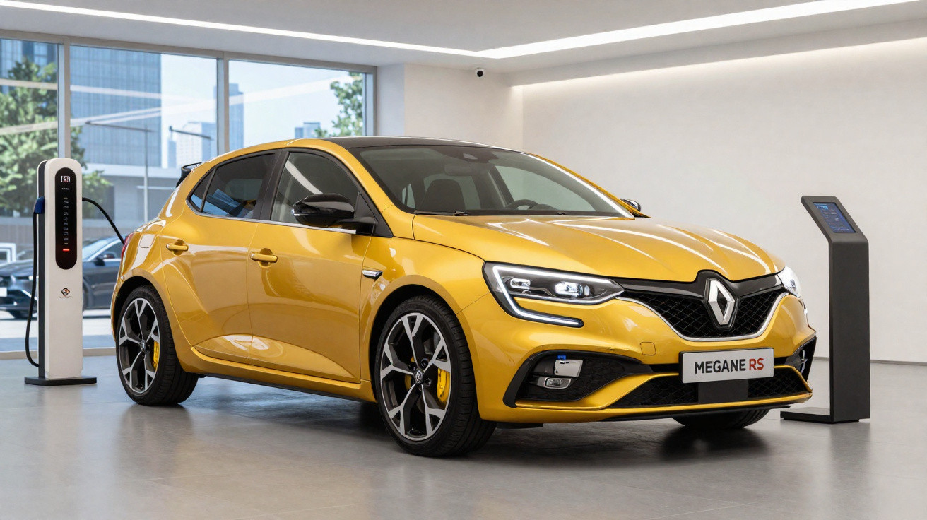 Carro compacto amarelo Renault Megane RS estacionado numa sala moderna com posto de carregamento elétrico.