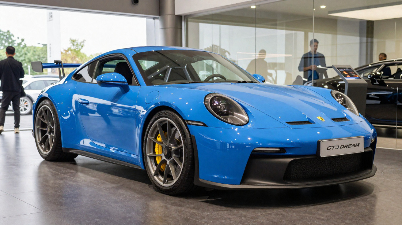 Carro desportivo azul Porsche GT3 Dream em exposição numa sala com pessoas ao fundo.