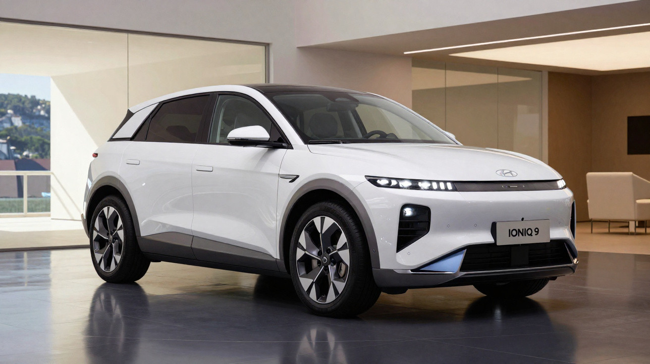Carro elétrico Hyundai Ioniq 9 branco estacionado num interior moderno e luminoso.