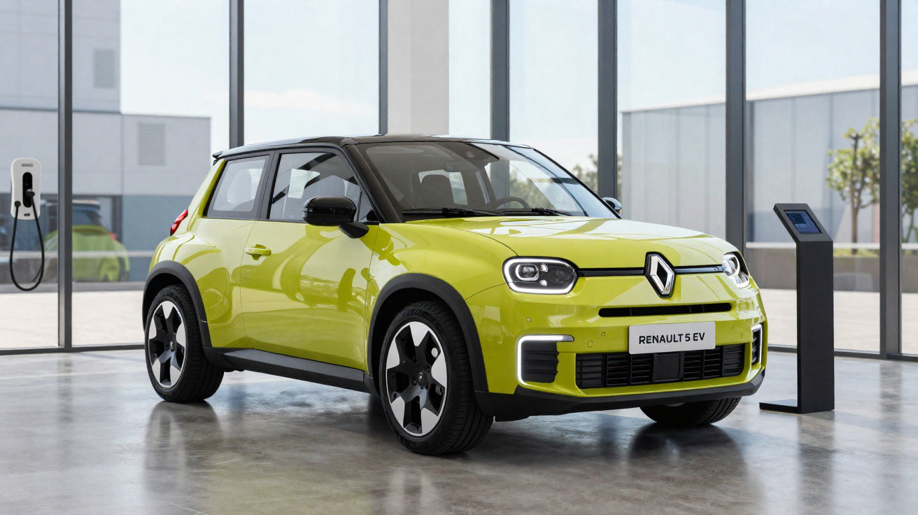 Carro elétrico Renault 5 EV amarelo num espaço moderno com parede de vidro e posto de carregamento.