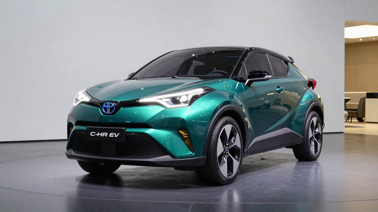 Carro elétrico Toyota C-HR EV verde em exposição num espaço moderno e minimalista.