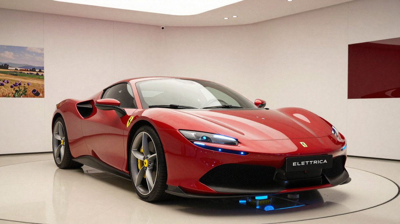 Carro desportivo vermelho Ferrari Elettrica em exposição num espaço interior minimalista.