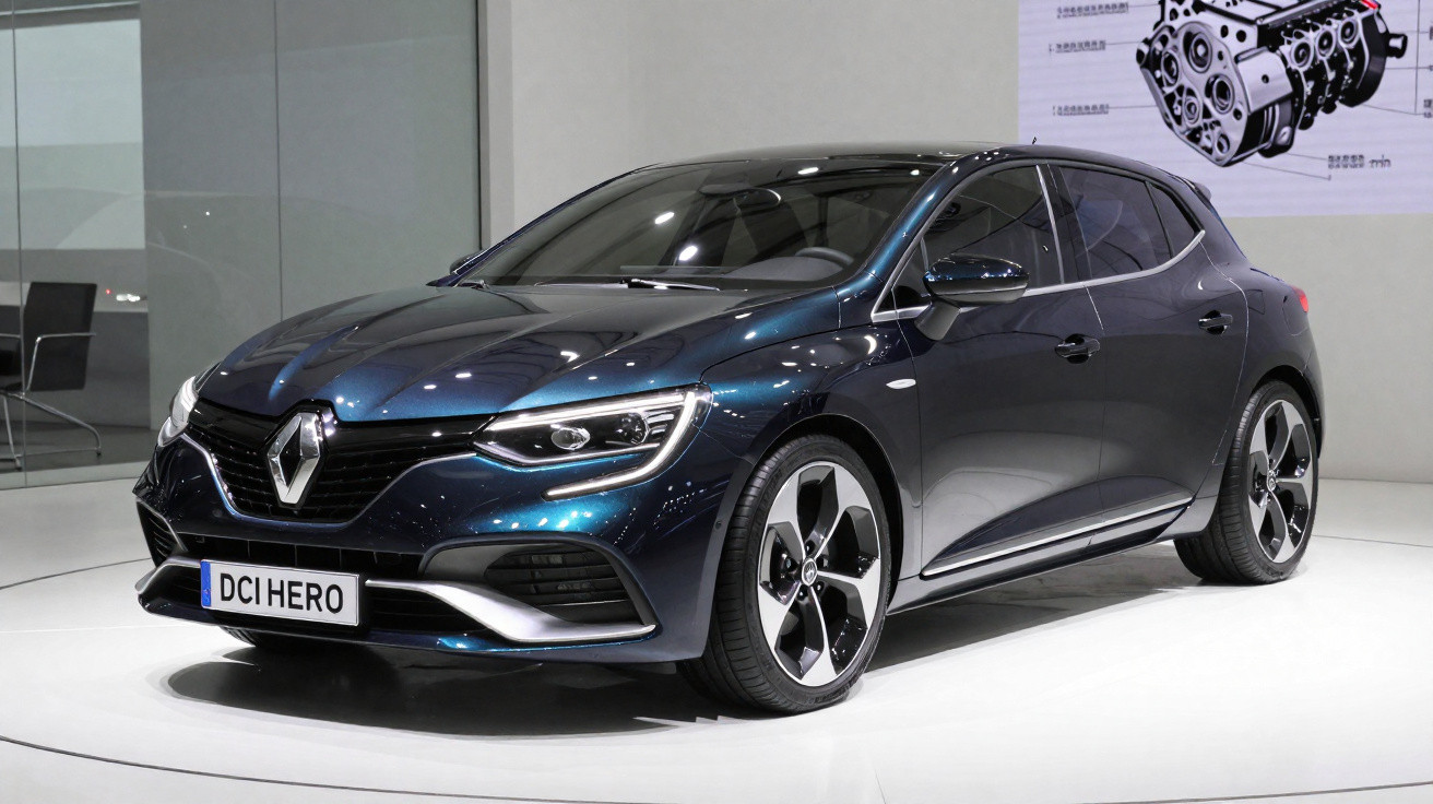Automóvel Renault moderno azul escuro exposto em salão automóvel com iluminação brilhante.