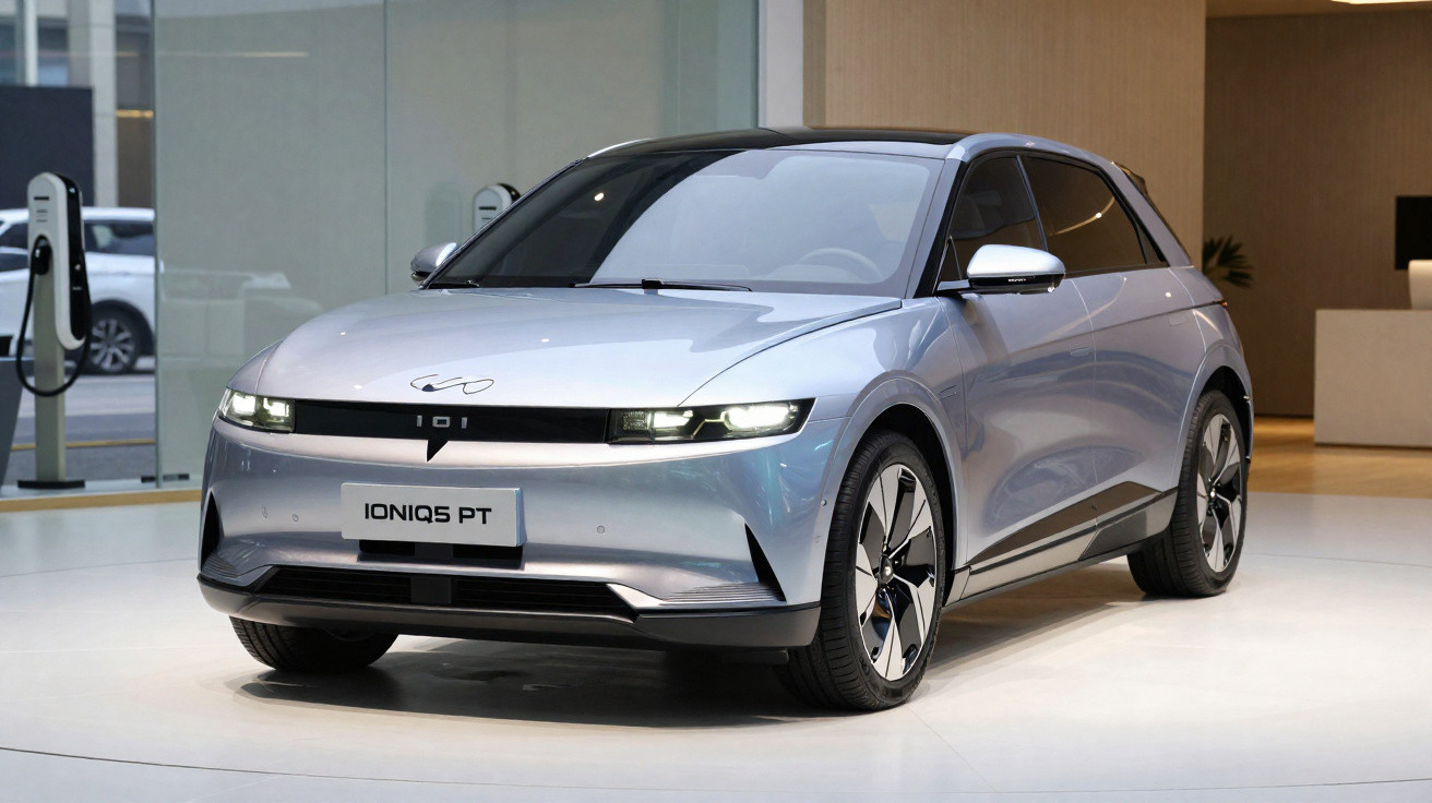 Carro elétrico Hyundai Ioniq 5 cinza estacionado em showroom com estação de carregamento ao fundo.