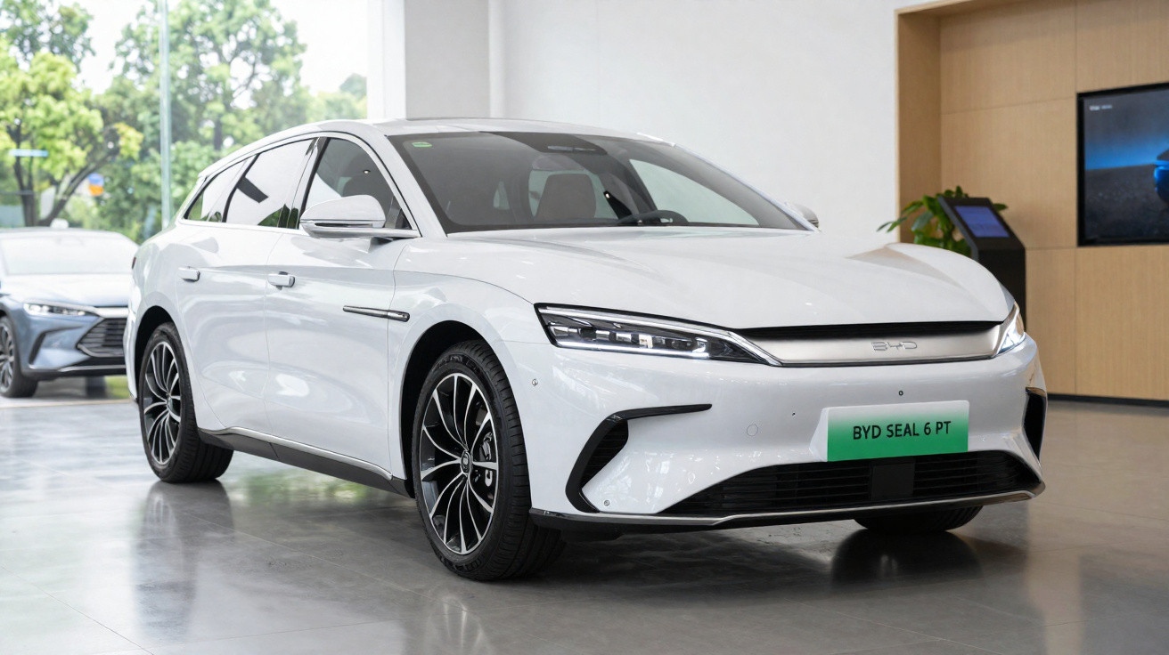Automóvel eléctrico branco BYD Seal 6 PT estacionado em salão de exposição moderno.