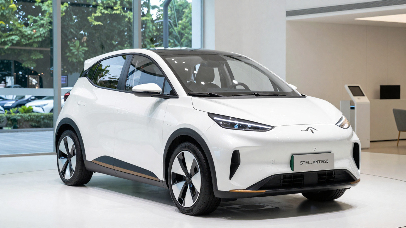 Carro elétrico branco modelo Stellantis25 exposto em interior moderno com vidros amplos.