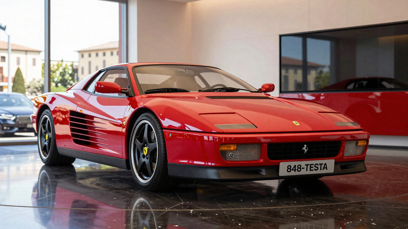 Carro desportivo Ferrari vermelho brilhante com jantes pretas exibido num salão moderno.
