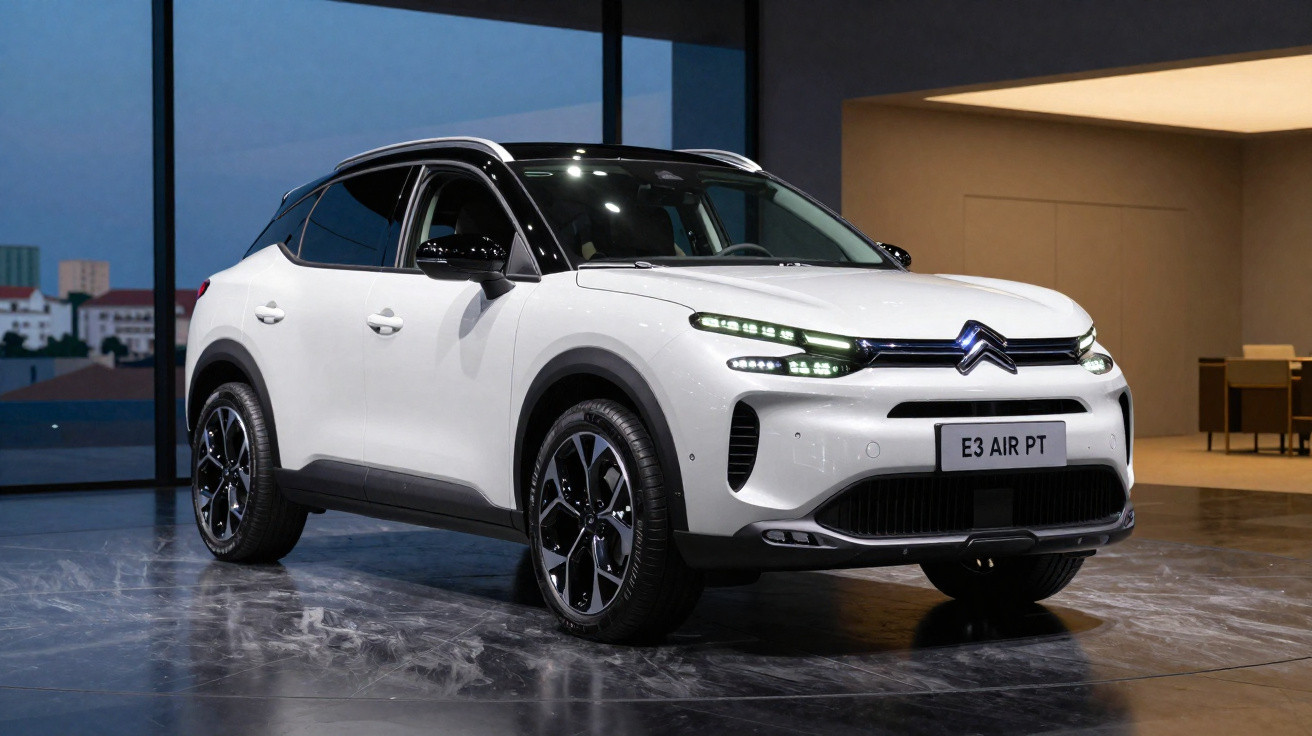 Carro SUV branco Citroën E3 Air PT estacionado num espaço interior moderno ao início da noite.