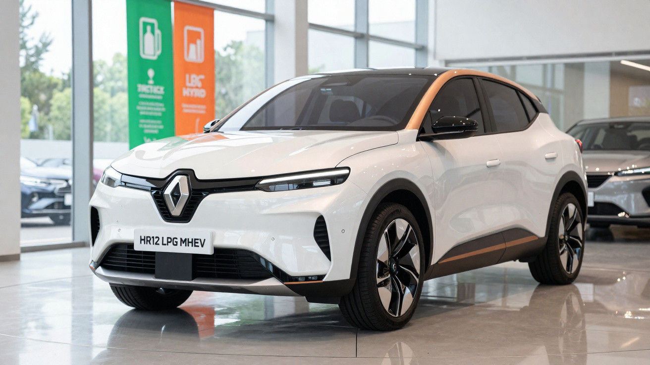Carro elétrico Renault branco estacionado dentro de concessionária moderna com vidros grandes.