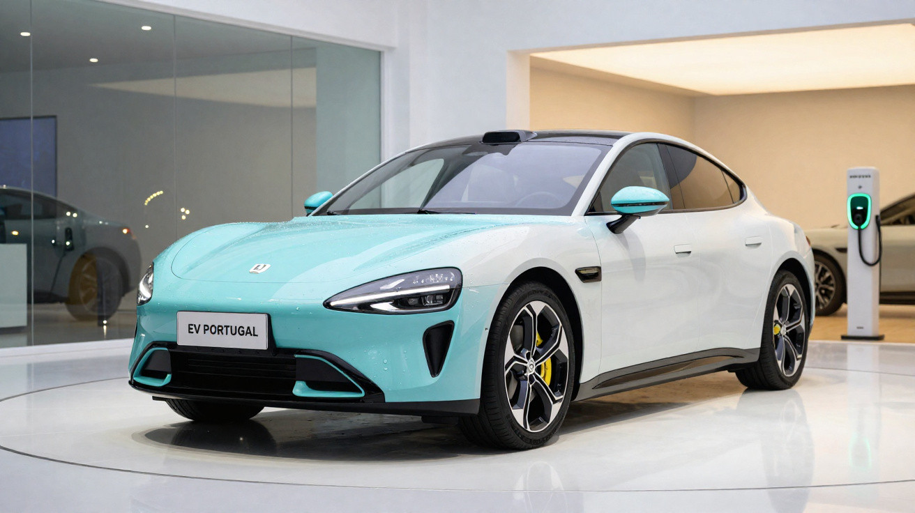 Carro elétrico azul e branco estacionado em showroom moderno com posto de carregamento ao fundo.