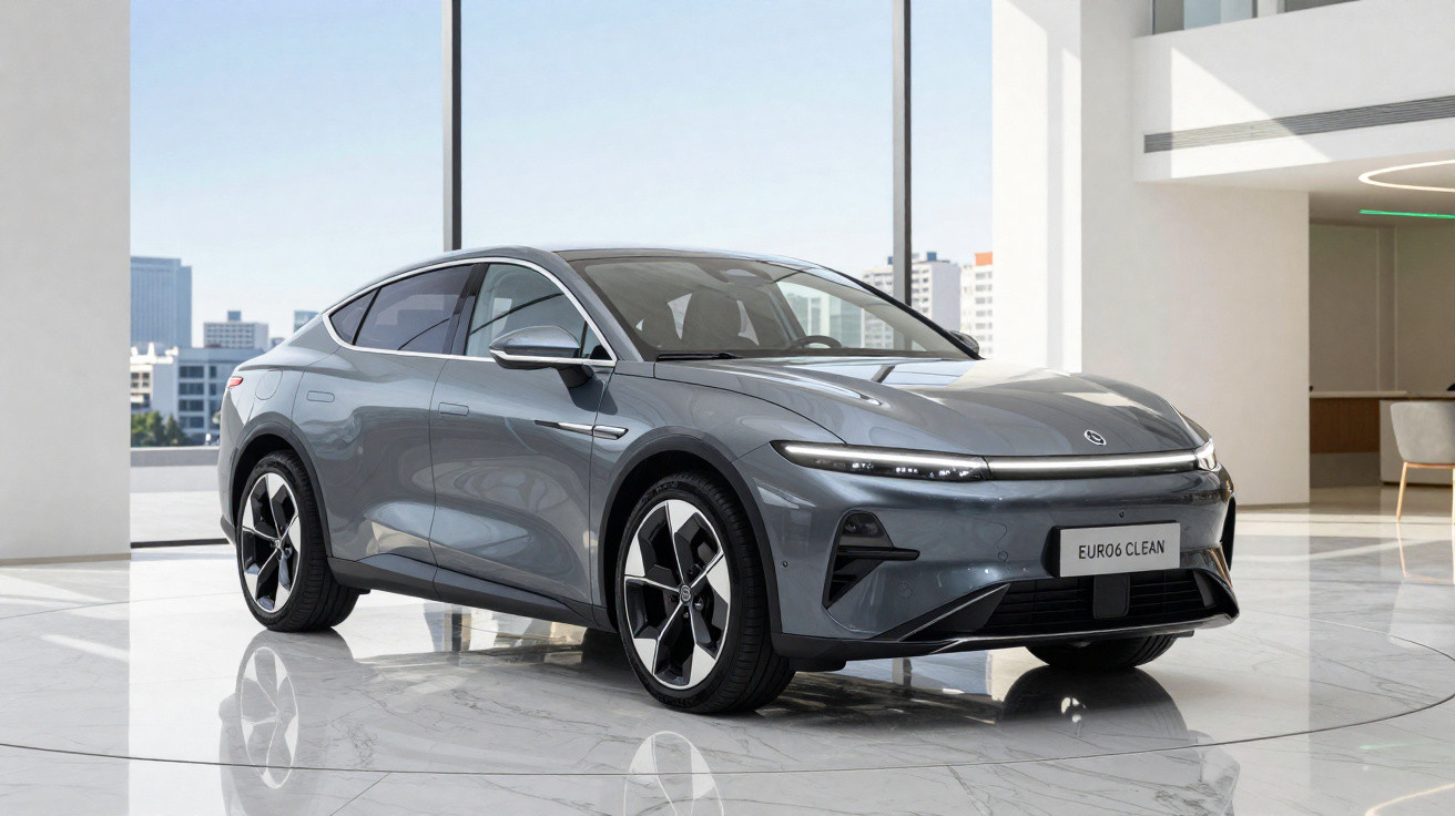 Carro elétrico cinza moderno estacionado em showroom com piso de mármore e fundo urbano ao longe.