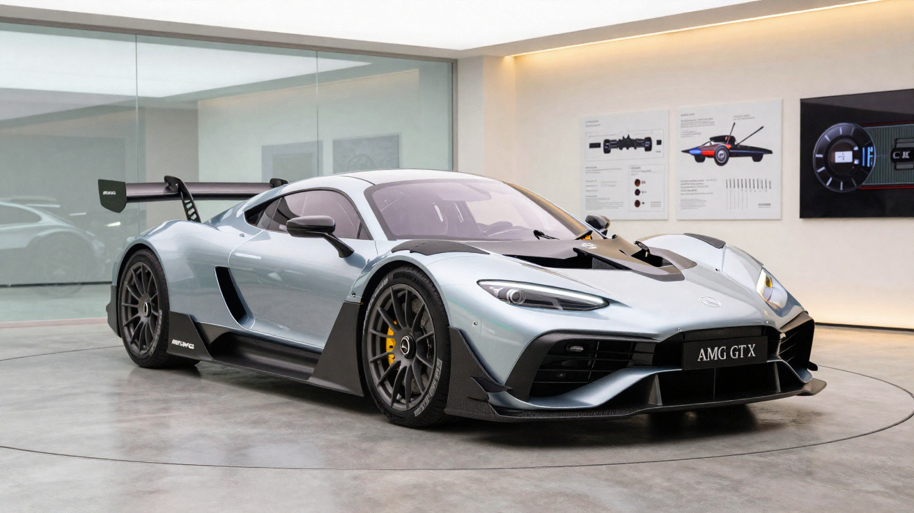 Carro desportivo cinza prateado AMG GTX em exposição num espaço moderno com iluminação suave.