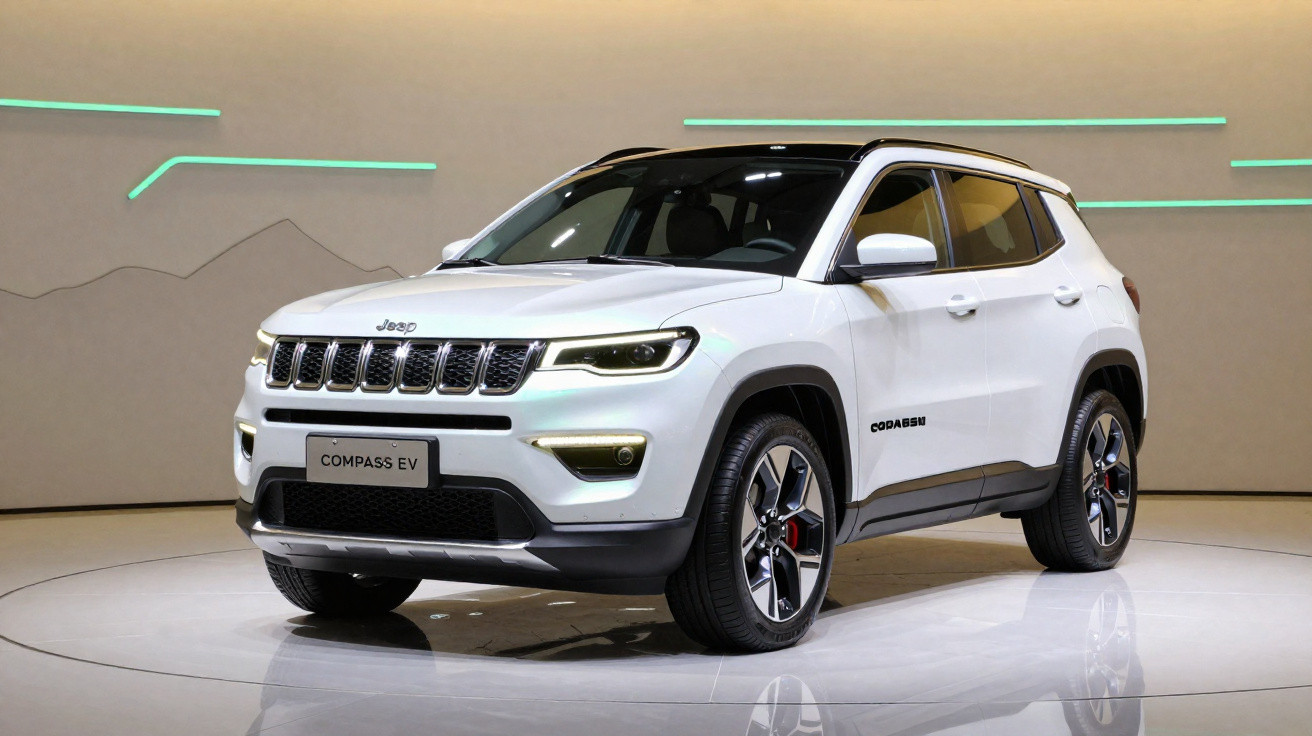 Jeep Compass EV branco estacionado em ambiente interior com luzes de decoração na parede.