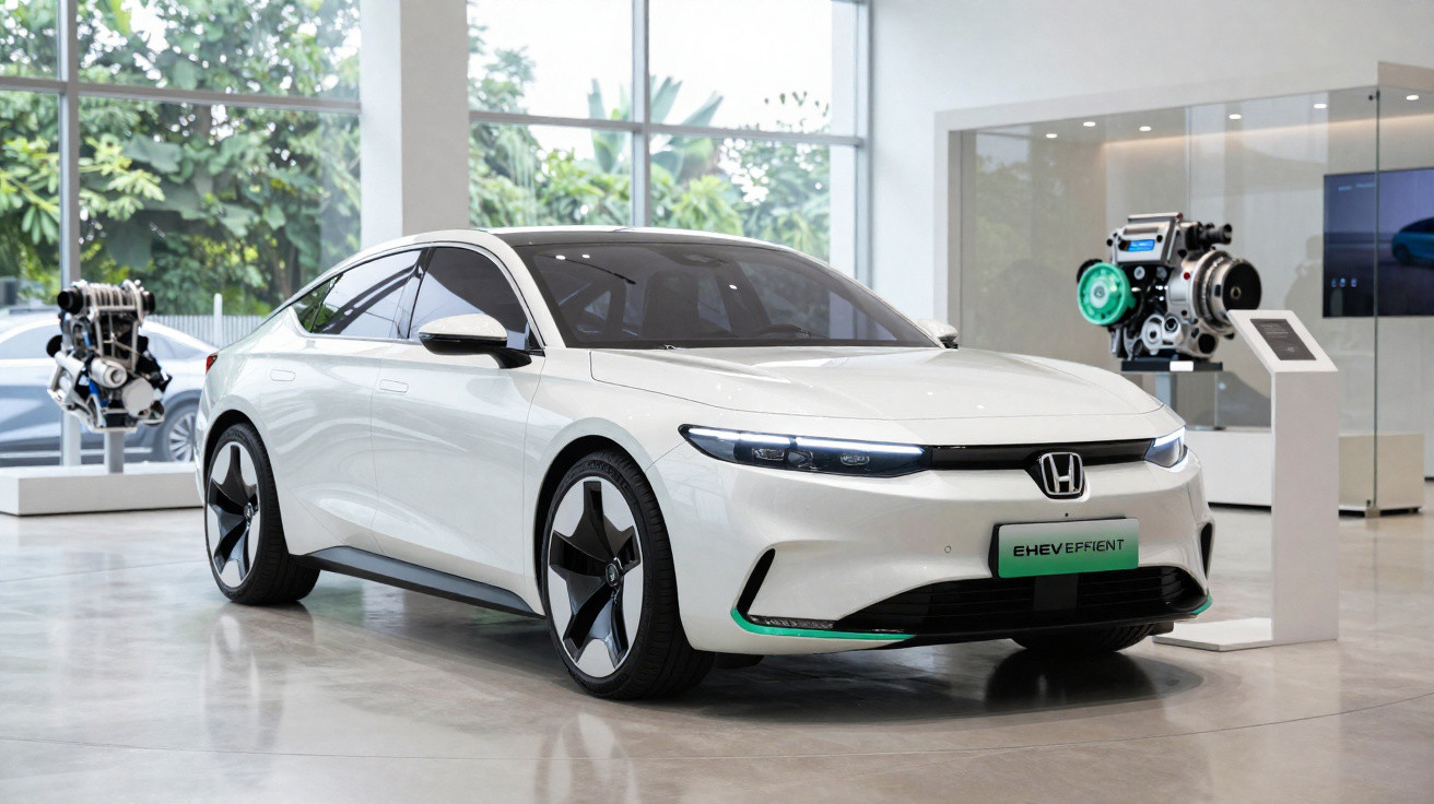 Carro elétrico branco Honda e:HEV Efficient em exposição moderna com motores ao fundo.