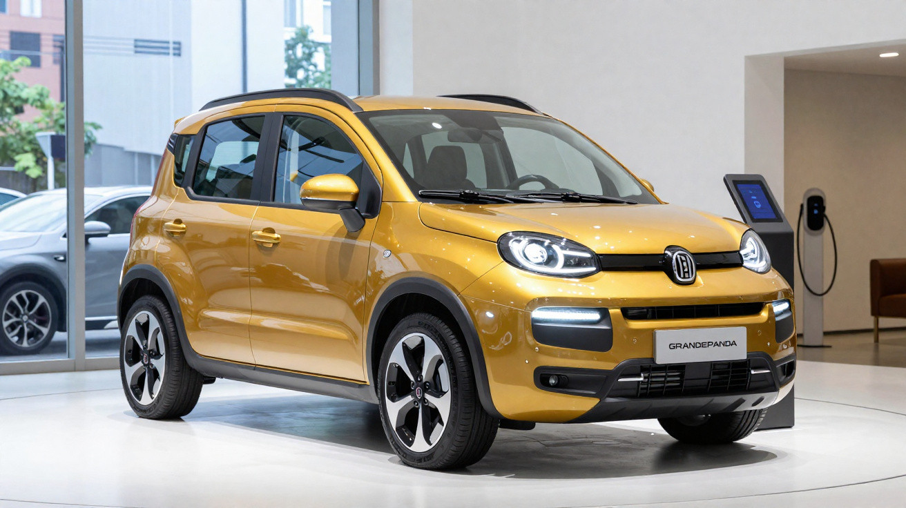 Carro elétrico Fiat Grande Panda amarelo exibido num salão moderno com carregador na parede.
