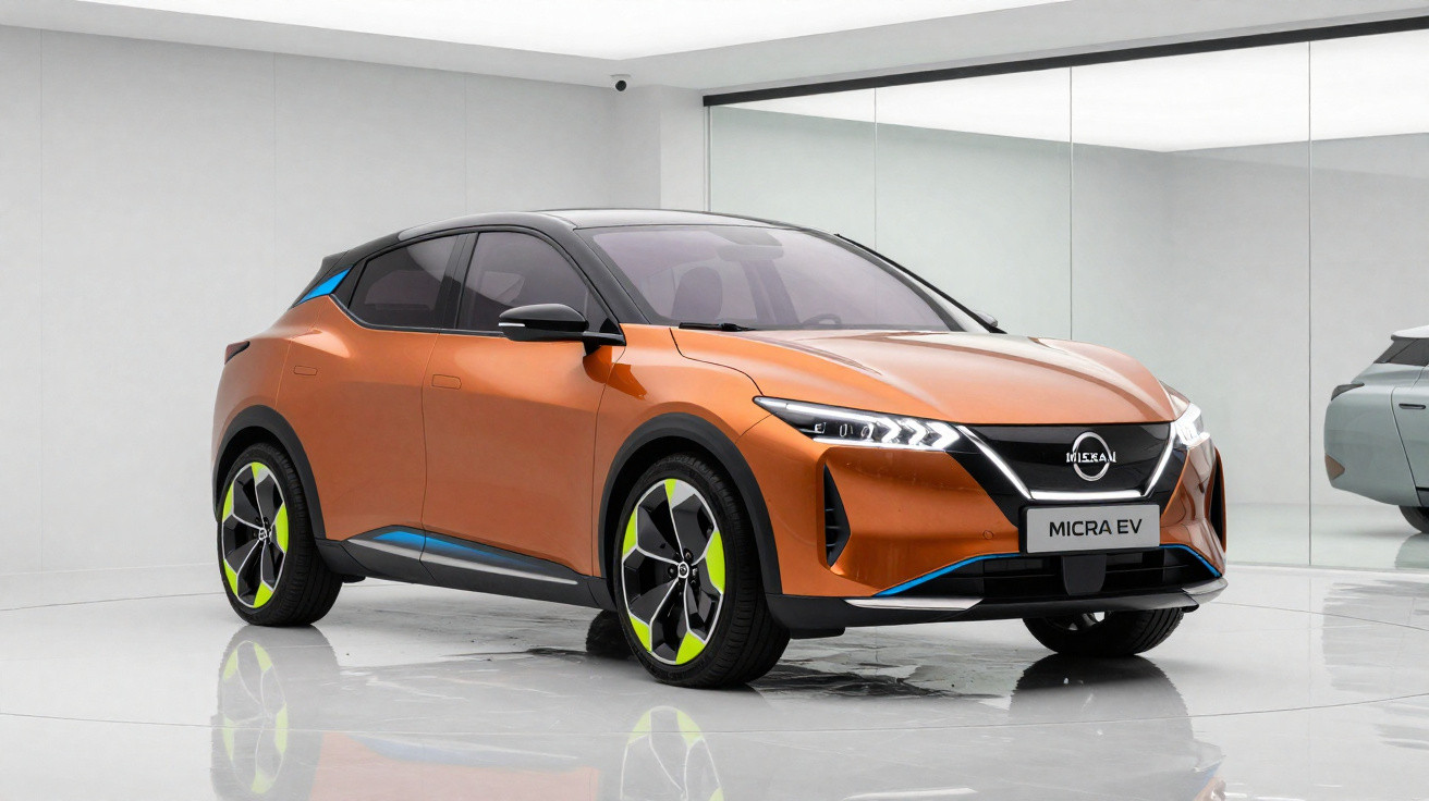 Carro elétrico Nissan Micra EV laranja com detalhes azuis e rodas com acentos amarelos, em showroom minimalista.