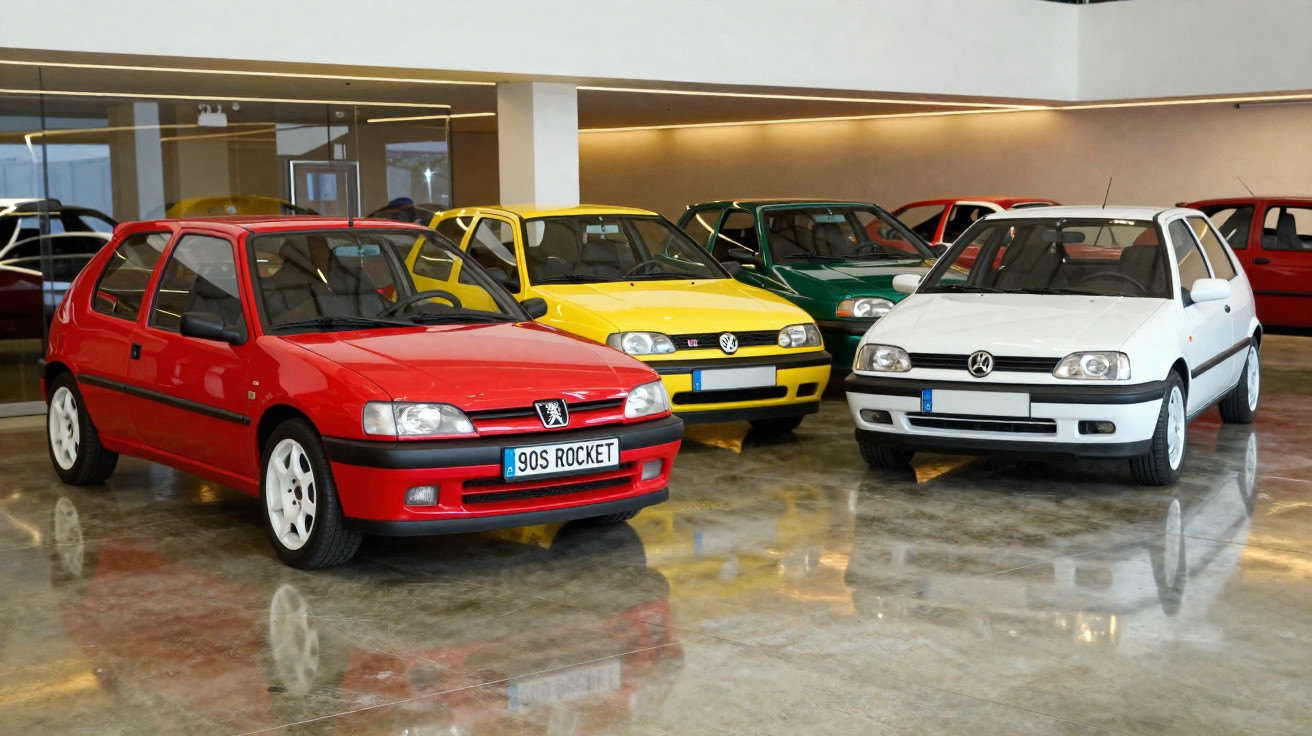 Quatro carros compactos coloridos alinhados numa garagem com chão polido e iluminação moderna.