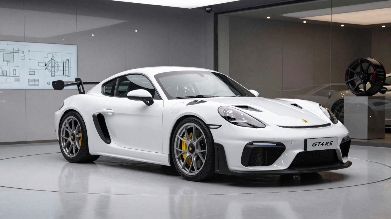Carro desportivo Porsche GT4 RS branco estacionado em sala moderna com parede de vidro e roda exposta.
