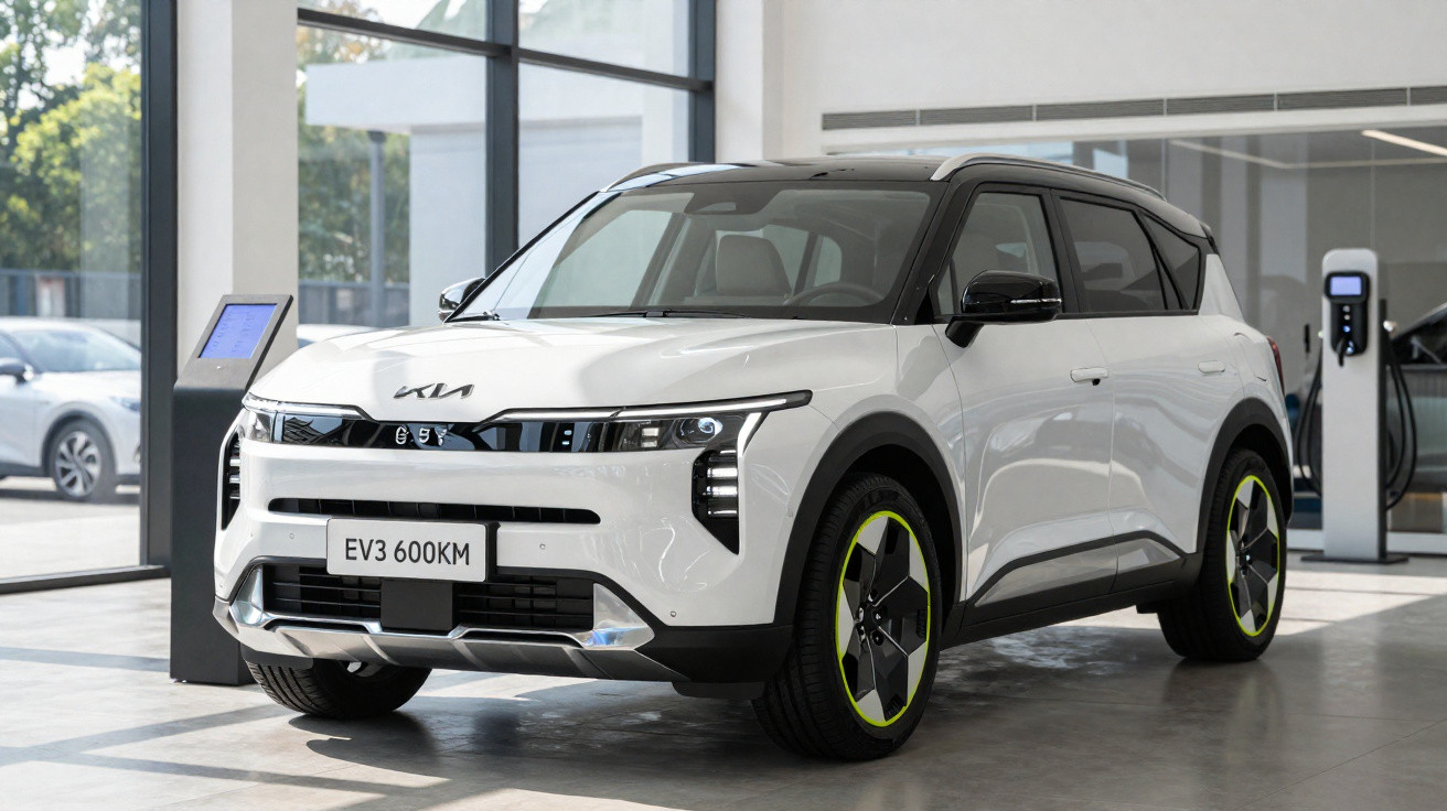 Carro elétrico branco Kia EV6 estacionado num espaço interior junto a postos de carregamento.