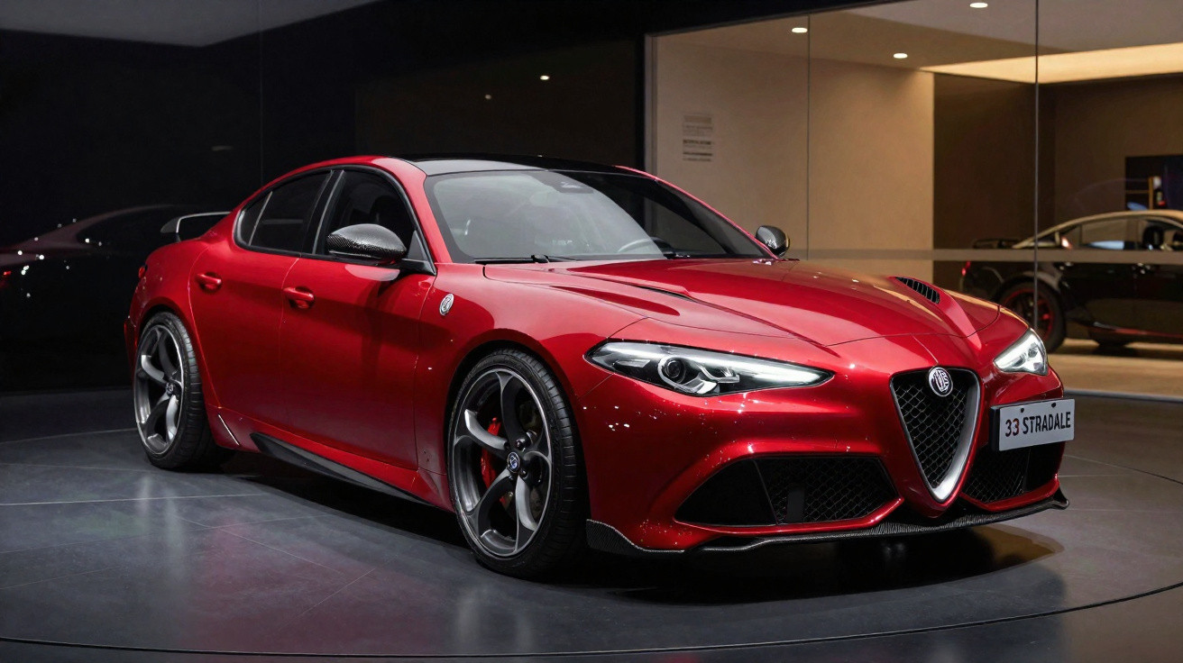 Carro desportivo vermelho Alfa Romeo Giulia Quadrifoglio num showroom moderno e iluminado.