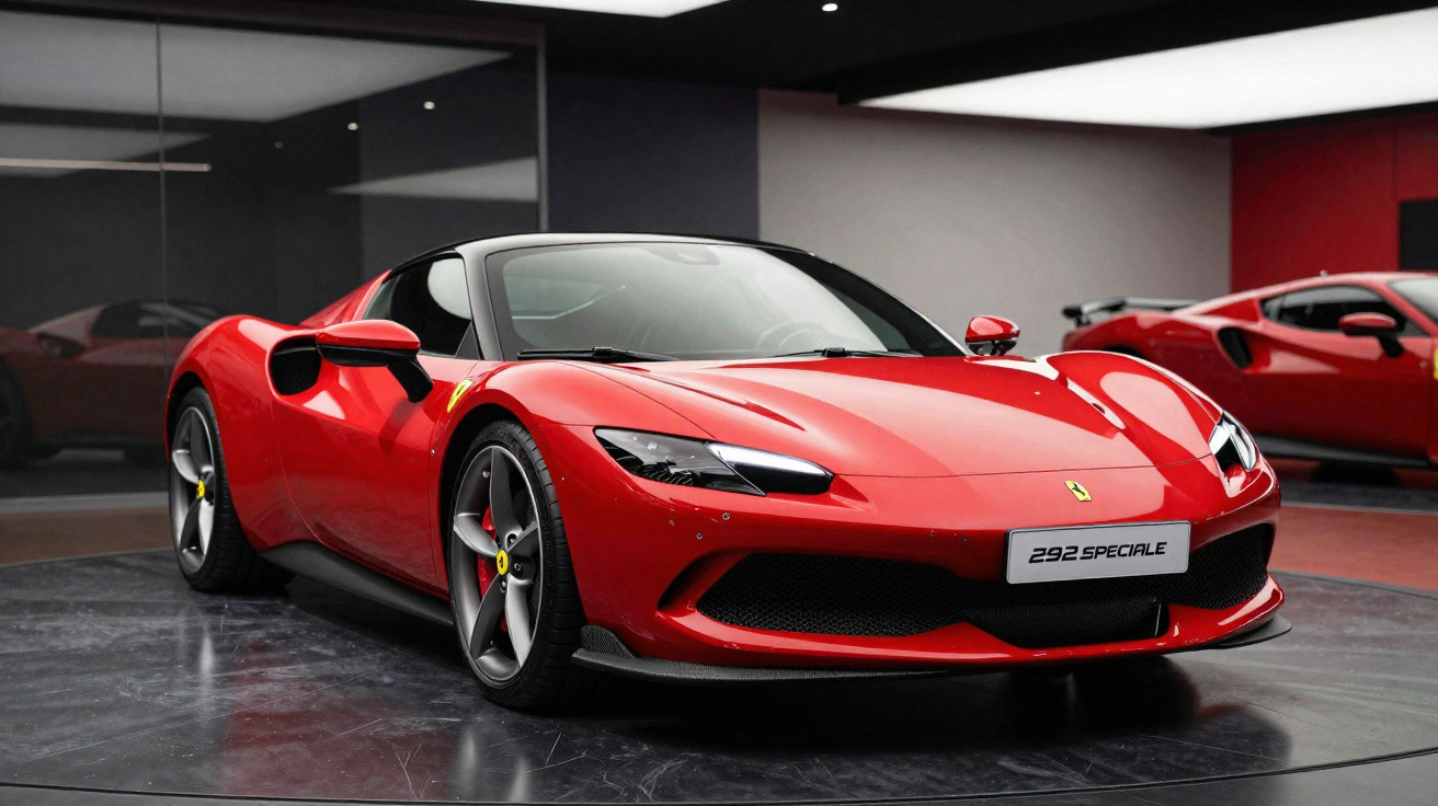 Carro desportivo vermelho Ferrari 292 Speciale num showroom elegante com chão brilhante.