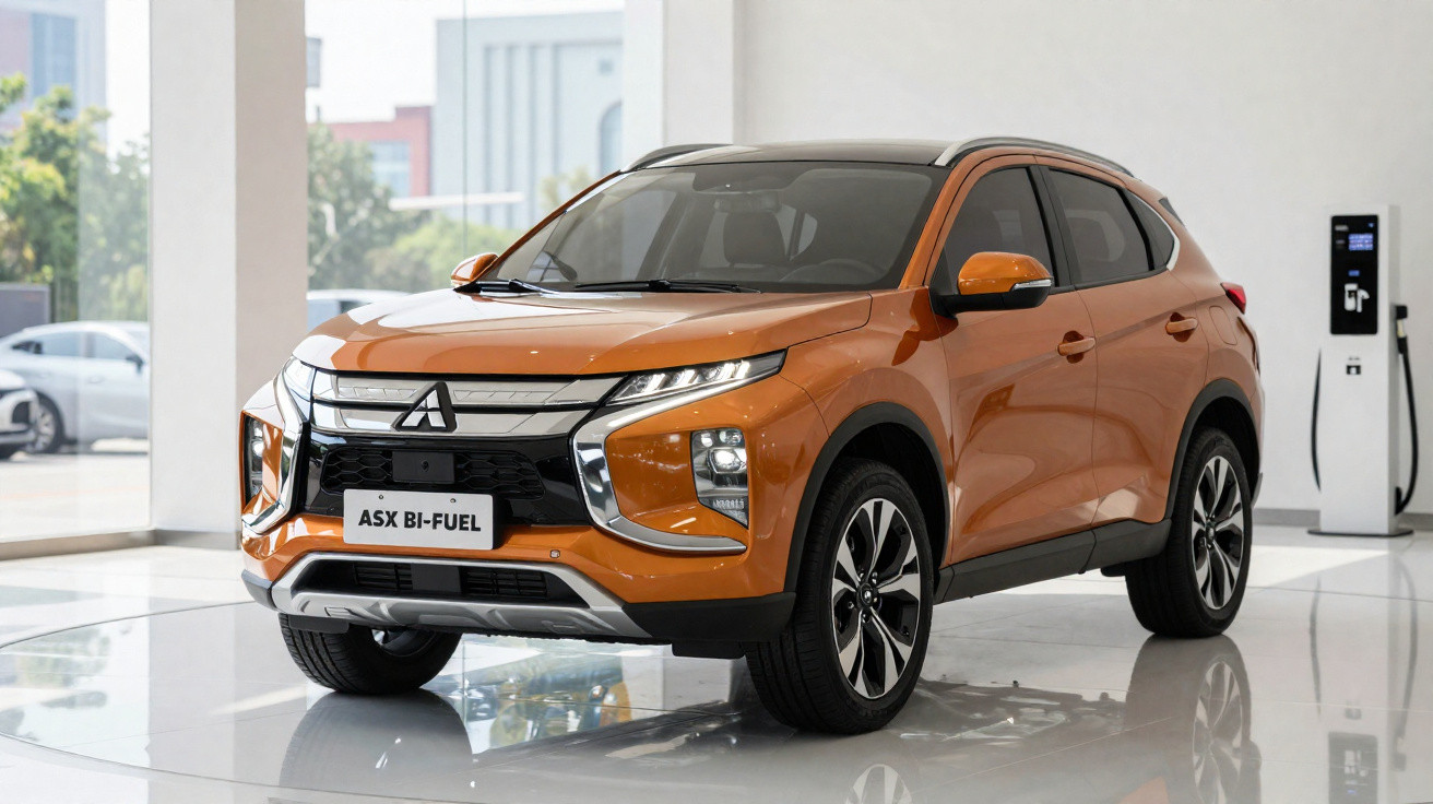 SUV Mitsubishi ASX bi-combustível laranja exposto em salão com piso brilhante.