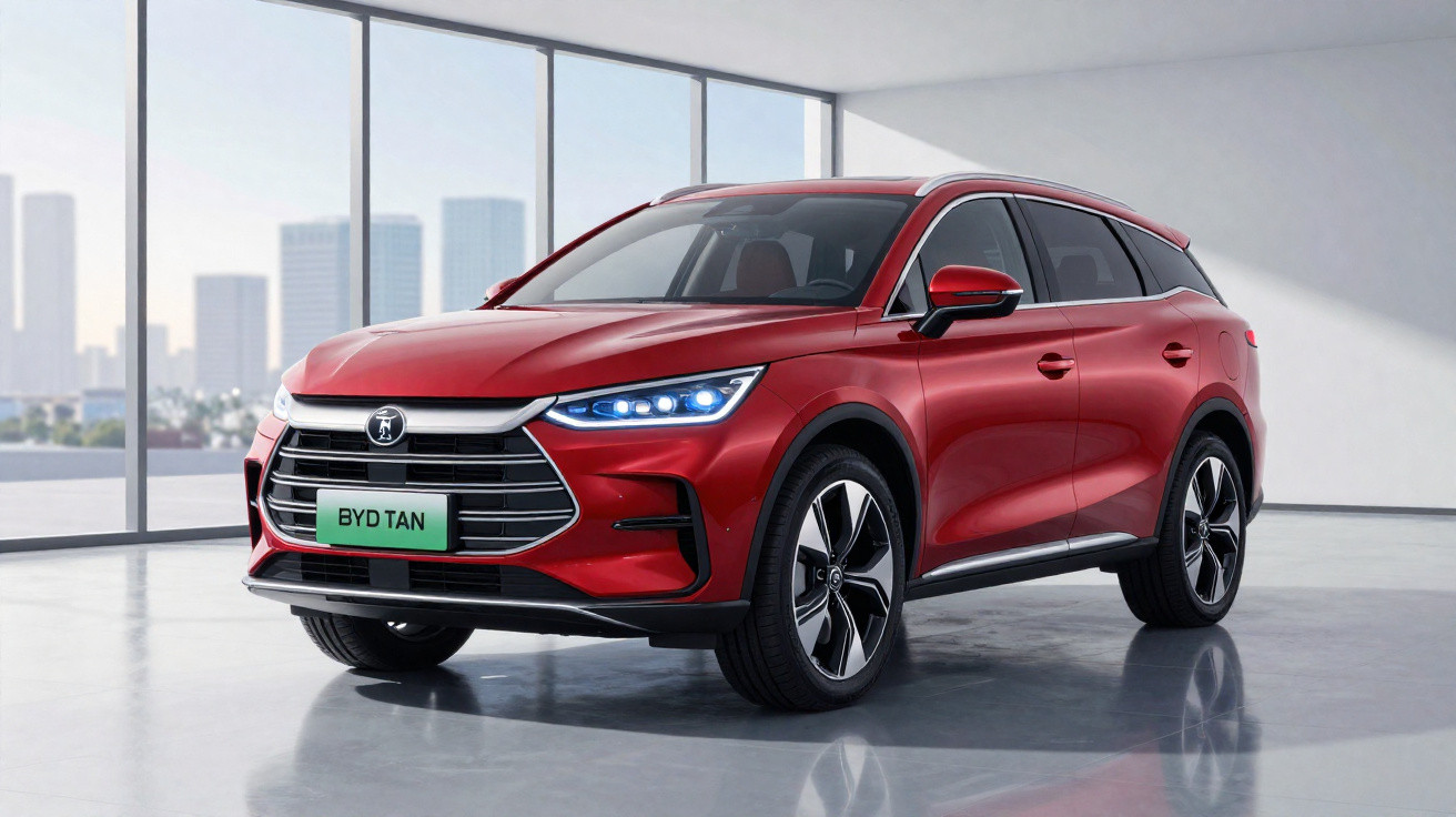 Carro SUV vermelho BYD Tan estacionado em ambiente moderno com janelas amplas e luz natural.