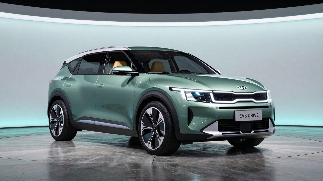 Carro elétrico Kia EV3 Drive verde em estúdio com iluminação azul suave, vista frontal esquerda.