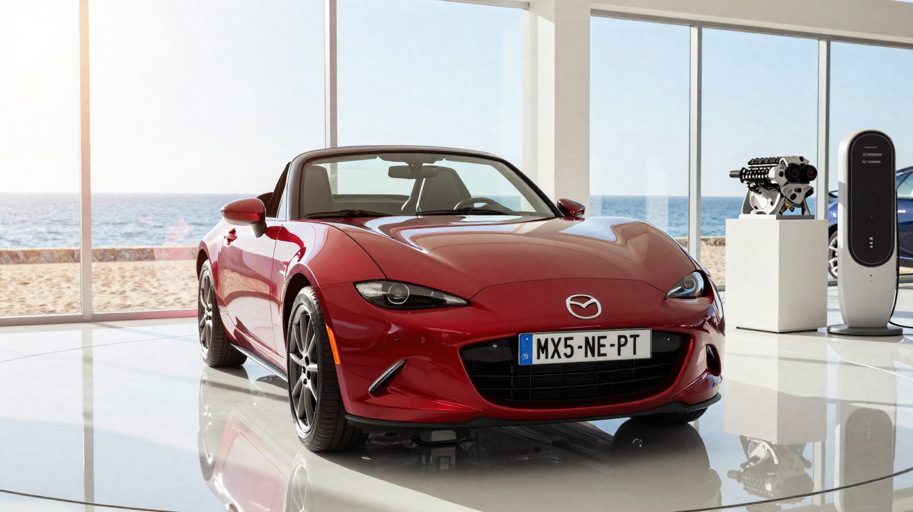 Carro desportivo descapotável vermelho Mazda MX-5 em vitrina com vista para a praia e o mar.