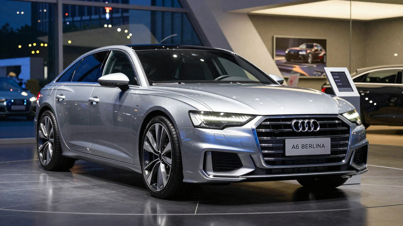 Automóvel Audi A6 Berlina cinzento metálico em exposição num salão de carros moderno durante a noite.