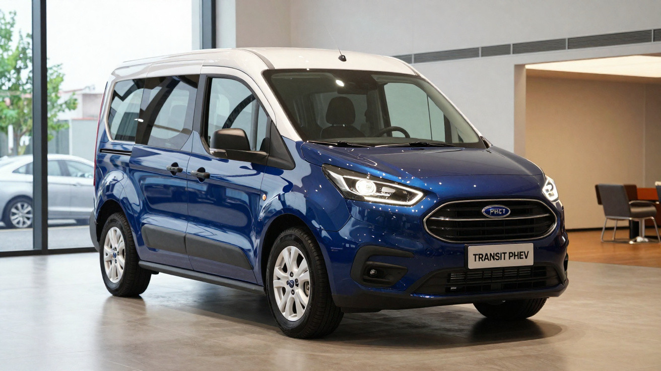 Carrinha Ford Transit PHEV azul e branca exibida numa sala moderna com janelas grandes.