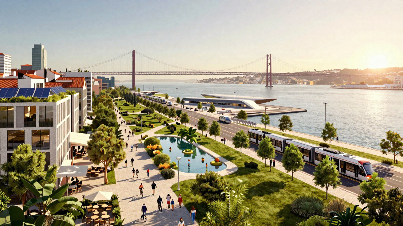 Marginal urbana com caminho pedonal, elétrico, zona relvada, ponte e rio ao pôr do sol.