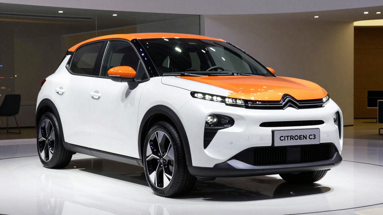 Citroën C3 branco com detalhes laranja exposto em espaço interior moderno e iluminado.