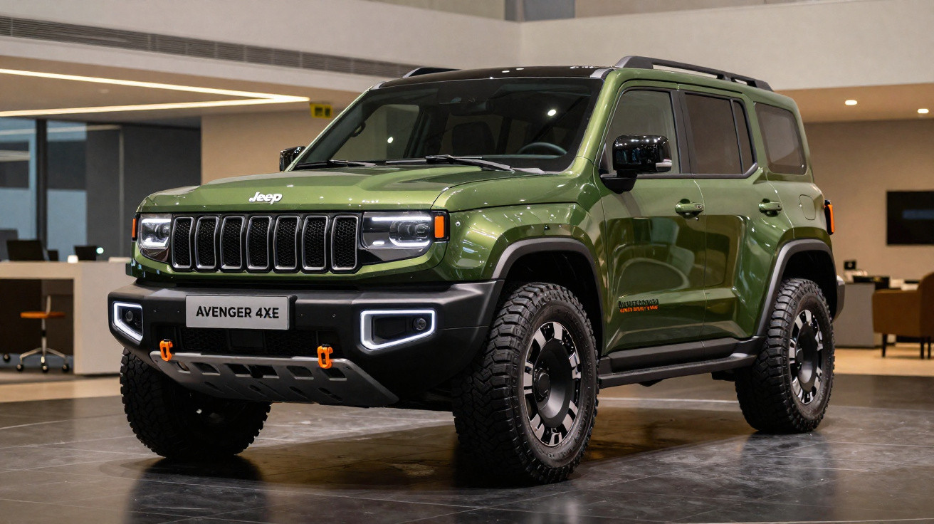 Jeep Avenger 4XE verde estacionado em ambiente interior moderno com iluminação ambiente.