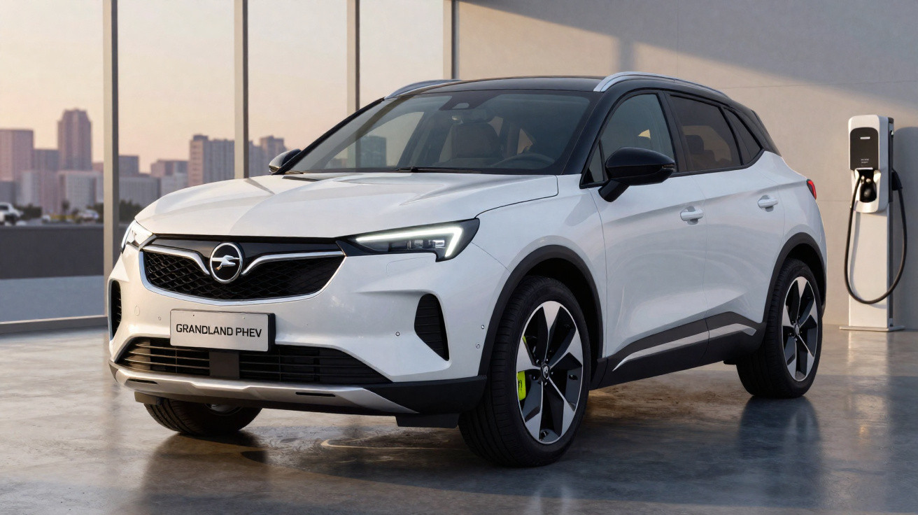 SUV Opel Grandland PHEV branco estacionado em garagem com estação de carregamento elétrico.
