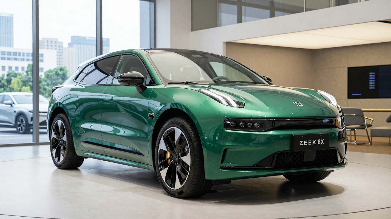 Automóvel elétrico verde Zeekr 8X exposto num espaço interior moderno com janelas grandes.