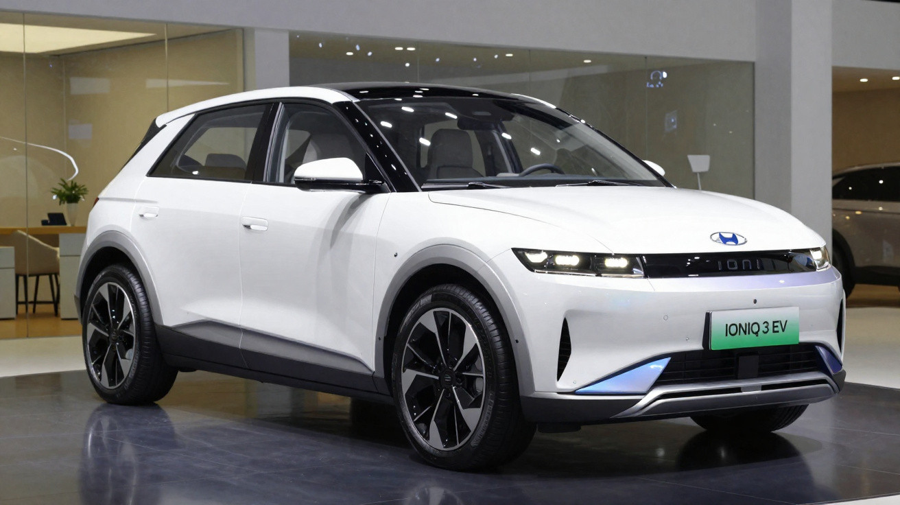 Carro elétrico branco Hyundai Ioniq 3 EV estacionado em interior moderno com luzes LED acesas.