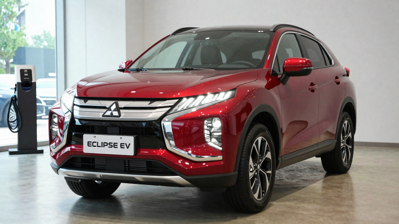 SUV elétrico Mitsubishi Eclipse EV vermelho estacionado em sala de exposição moderna.