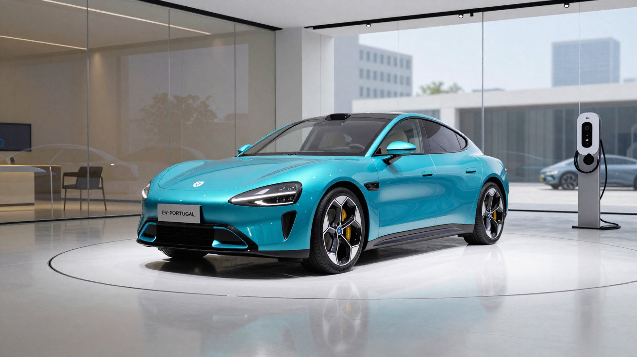 Carro elétrico azul exibido num showroom moderno, com estação de carregamento ao lado, ambiente urbano ao fundo.