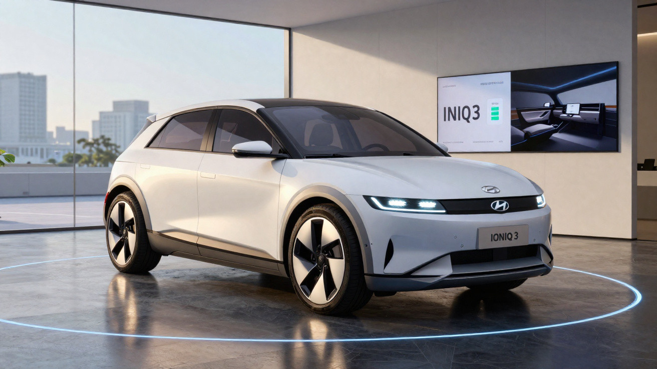 Carro elétrico Hyundai Ioniq 3 branco em showroom moderno com iluminação LED e vista urbana ao fundo.