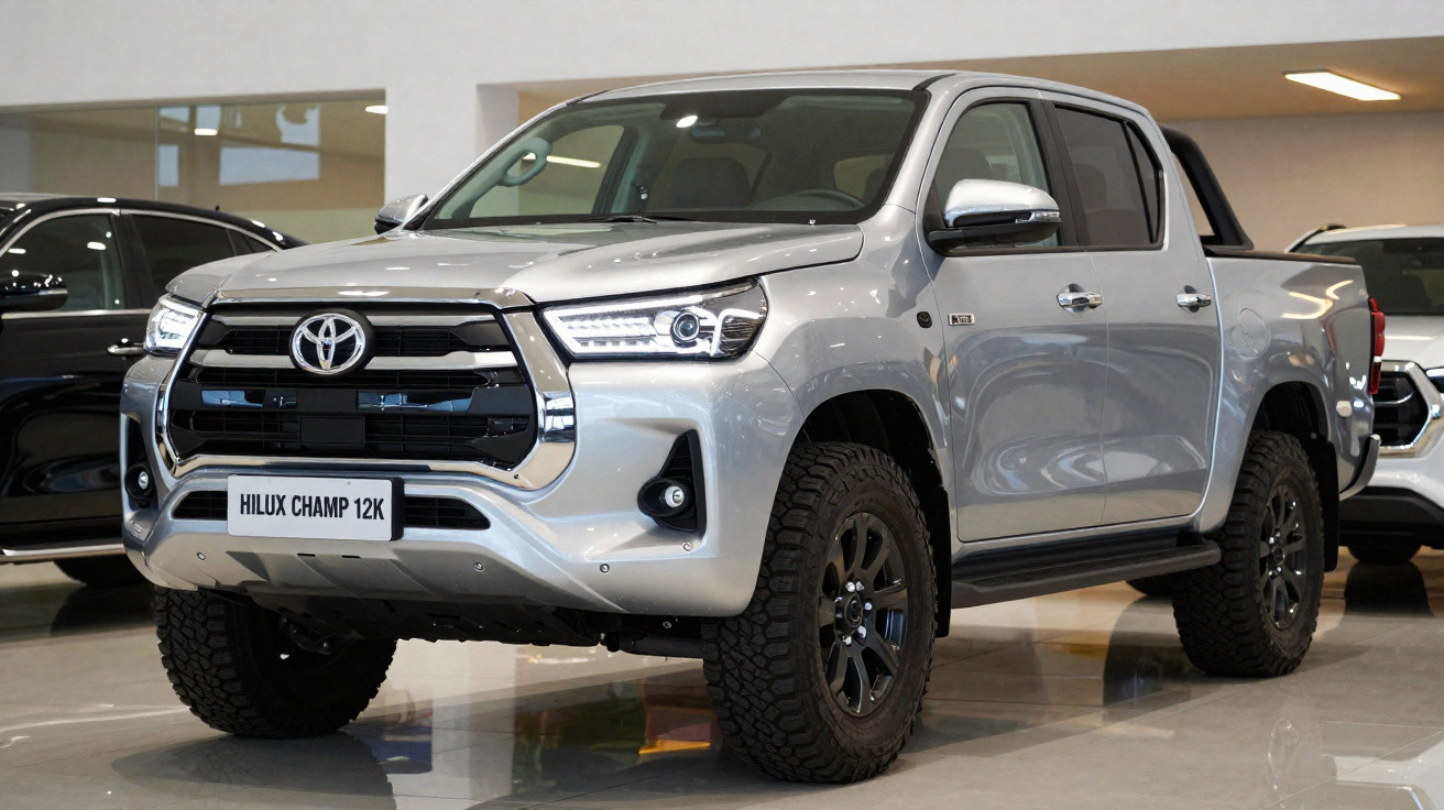 Toyota Hilux Champ 12K prata estacionado em interior de sala de exposição, vista lateral e frontal.