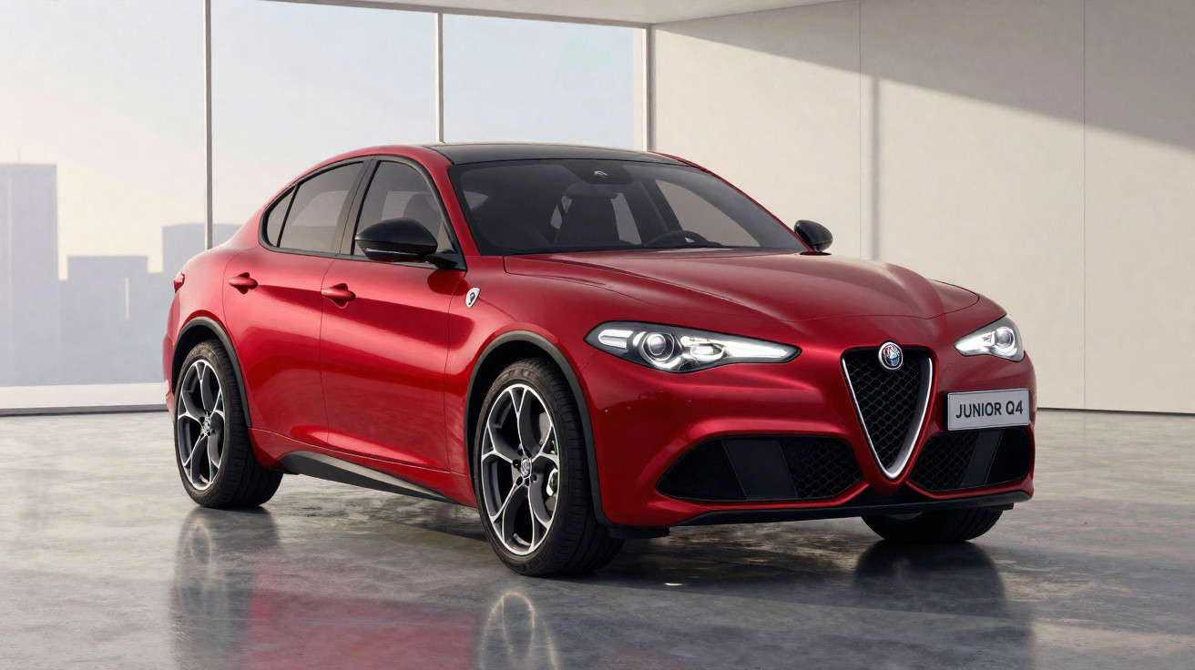 Carro Alfa Romeo Stelvio Quadrifoglio vermelho estacionado numa garagem com paredes bege e chão de cimento polido.