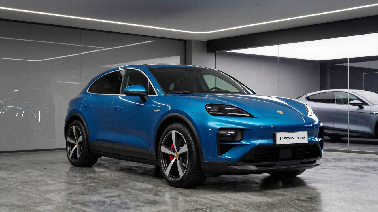 Carro SUV Porsche Macan 2022 azul estacionado em showroom moderno com paredes cinzentas e chão polido.