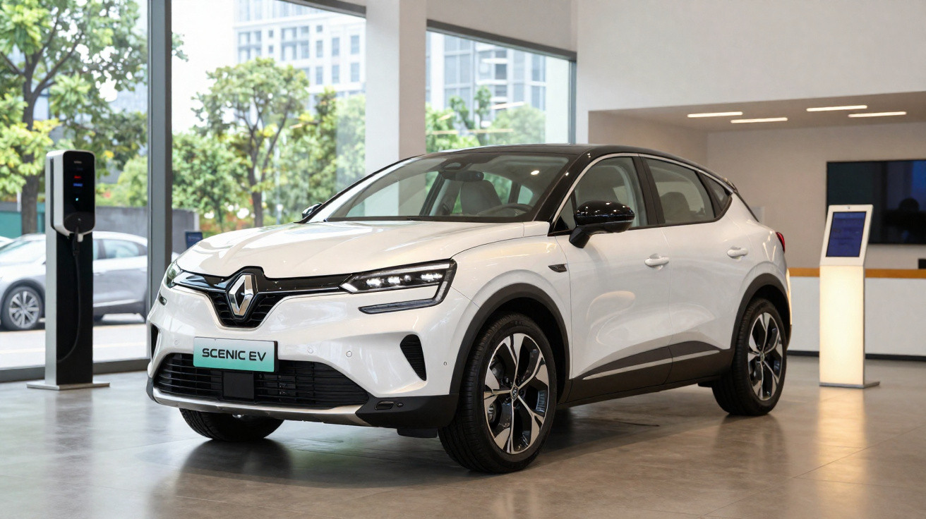 Renault Scenic EV branco em exposição num salão, junto a posto de carregamento elétrico.
