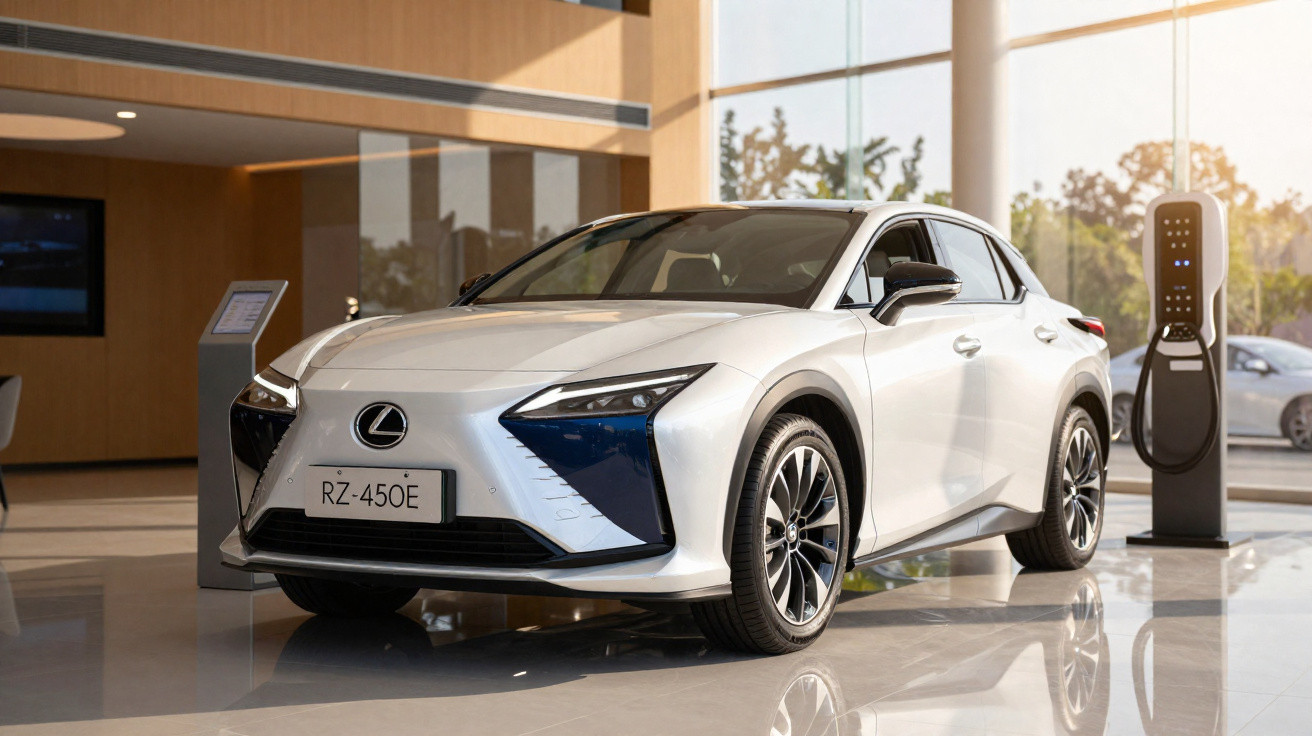 Carro elétrico Lexus branco numa sala de exposição com posto de carregamento à direita.