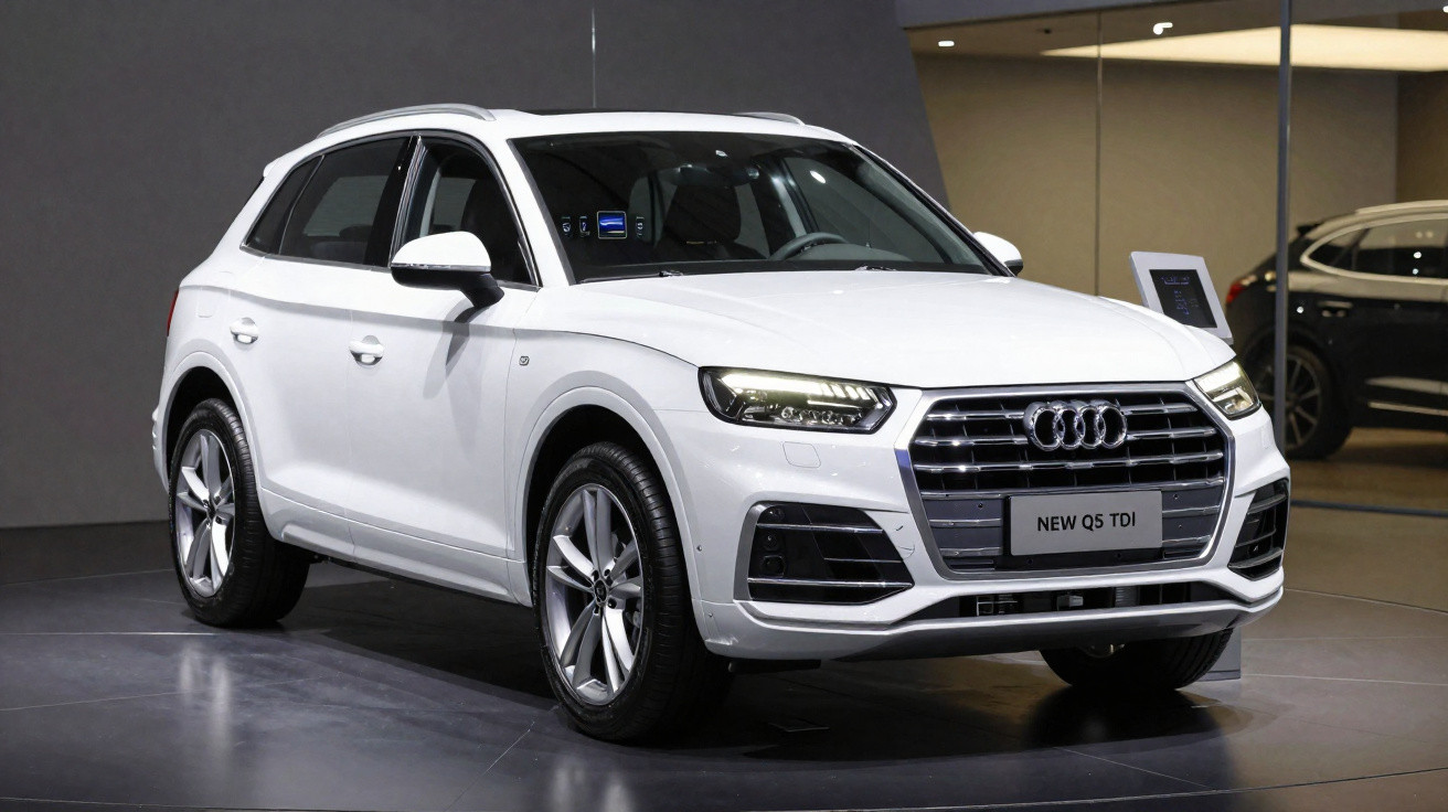 Carro SUV Audi branco em exibição numa sala de exposição com iluminação interior.