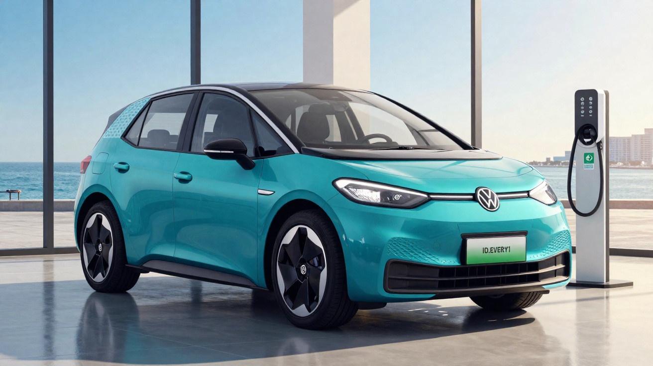 Carro elétrico Volkswagen ID.3 azul turquesa estacionado junto a posto de carregamento interior com vista para o mar.