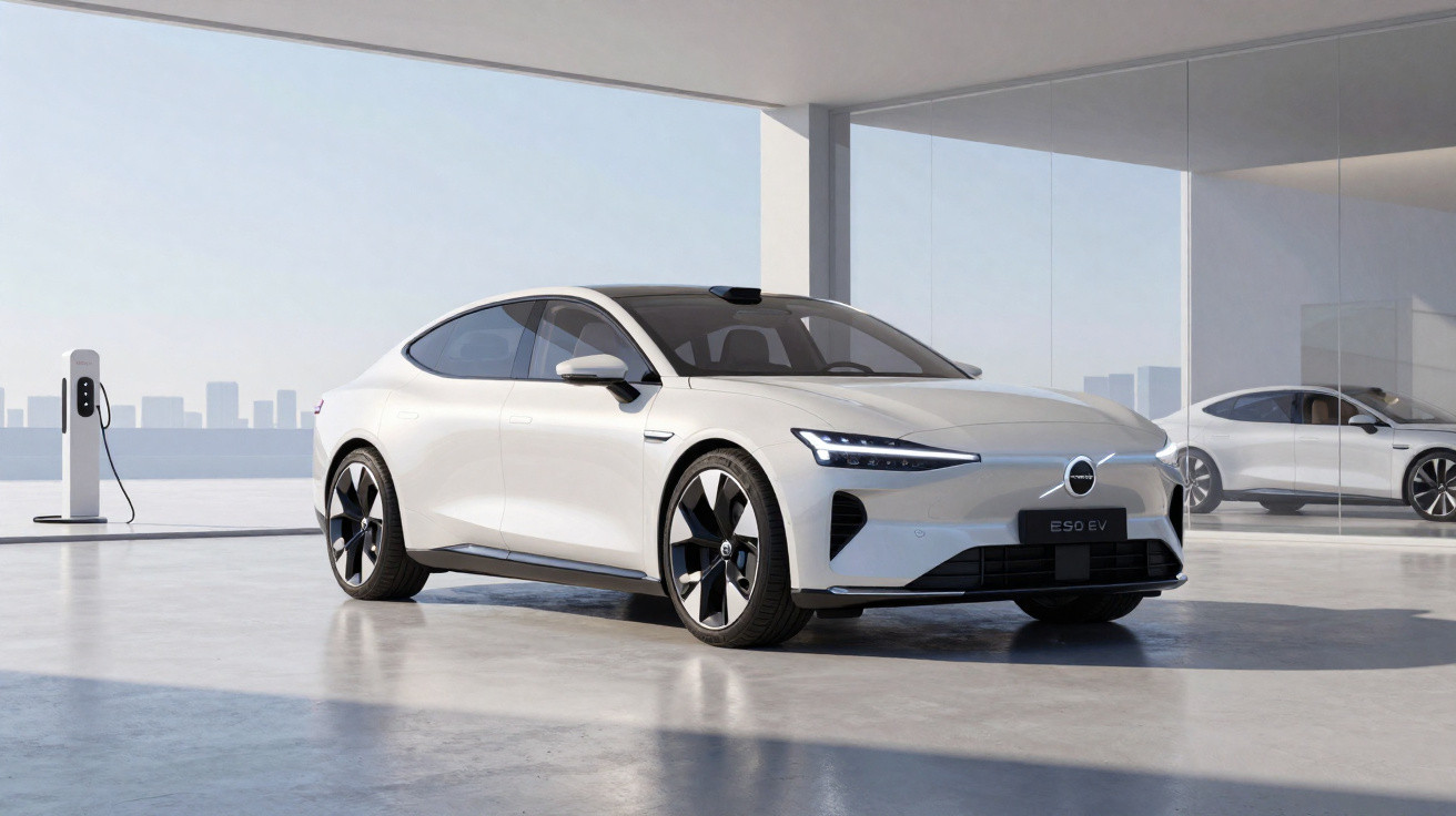 Carro elétrico branco estacionado num espaço moderno com coluna de carregamento e reflexo no vidro.
