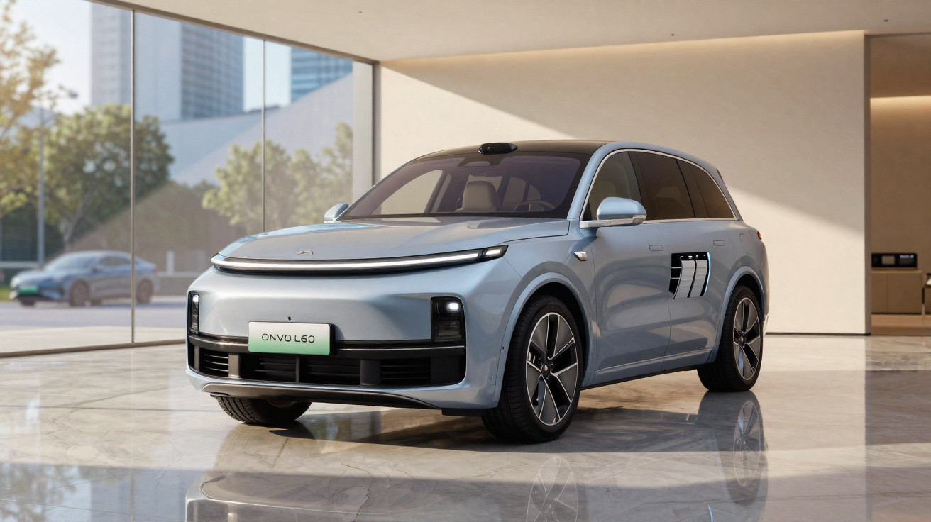 Carro elétrico SUV Onvo L60 cinza estacionado num interior moderno com janelas grandes.